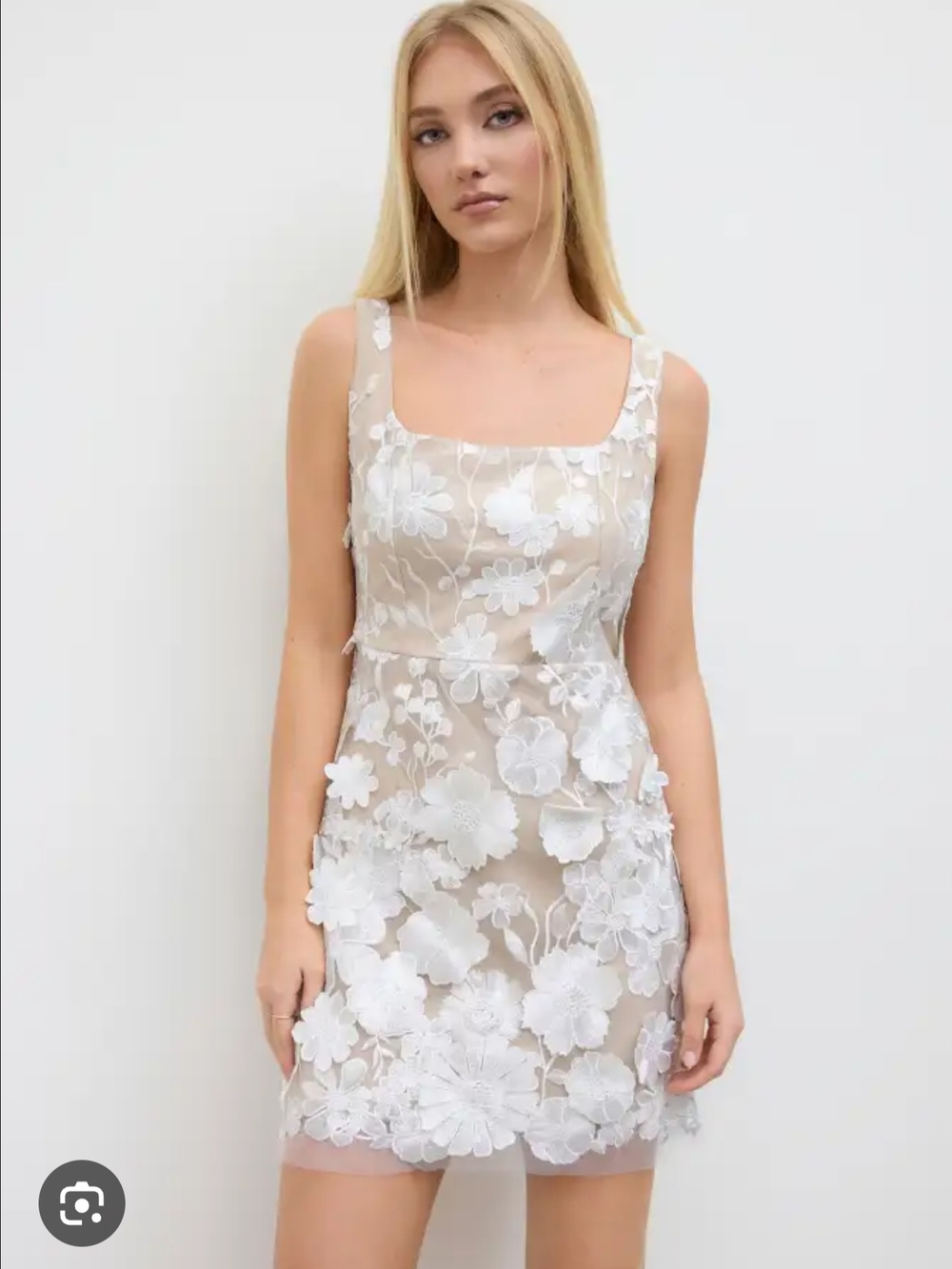 Cider Floral Appliqué Mini Dress Size M Sheer Mesh Nude White Party Dress NWT